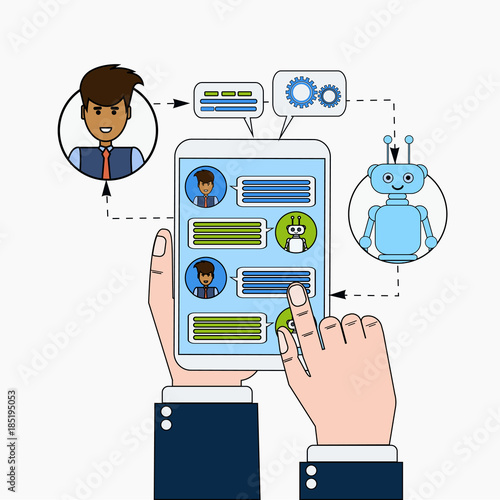 Business Man Chatting With Chatbot Holding Digital Tablet, Modern Chatter Technology Tech Support Service Online Concept Vector Illustration