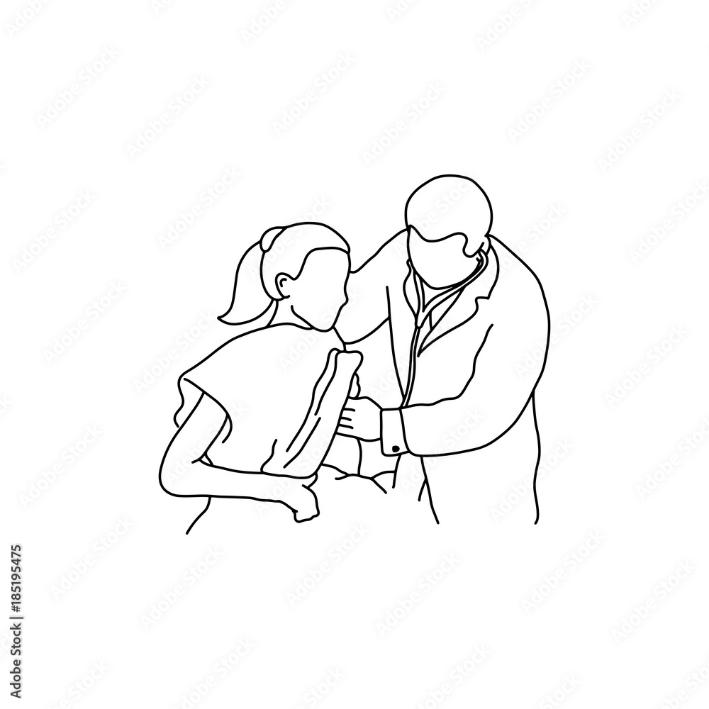 Doctor examining chest of a patient with hand vector illustration outline sketch hand drawn with black lines isolated on white background Doctor examining chest of a patient with hand vector illustration outline sketch hand drawn with black lines isolated on white background