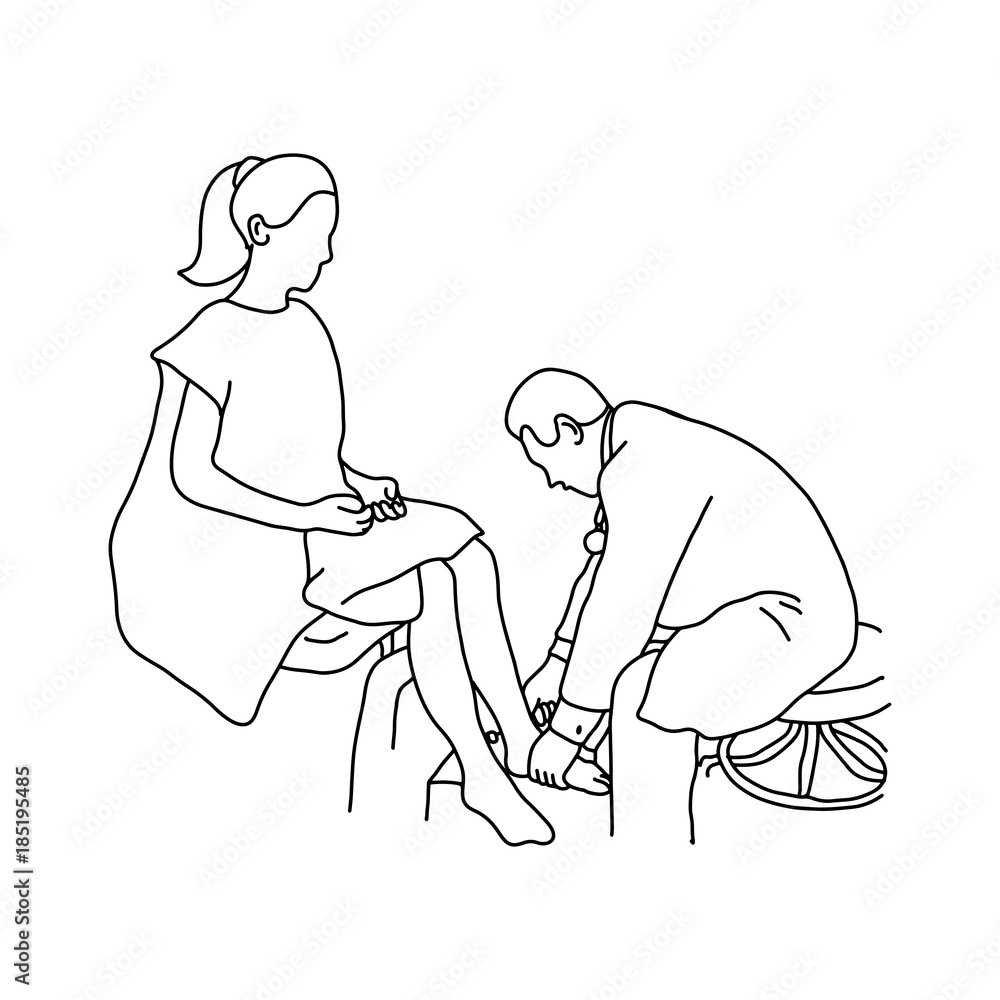 Neurologist using small hammer to test ankle joint reflex on female patient vector illustration outline sketch hand drawn with black lines isolated on white background Neurologist using small hammer to test ankle joint reflex on female patient vector illustration outline sketch hand drawn with black lines isolated on white background
