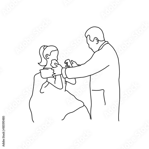 Doctor examining knee joint of female patient with hand vector illustration outline sketch hand drawn with black lines isolated on white background