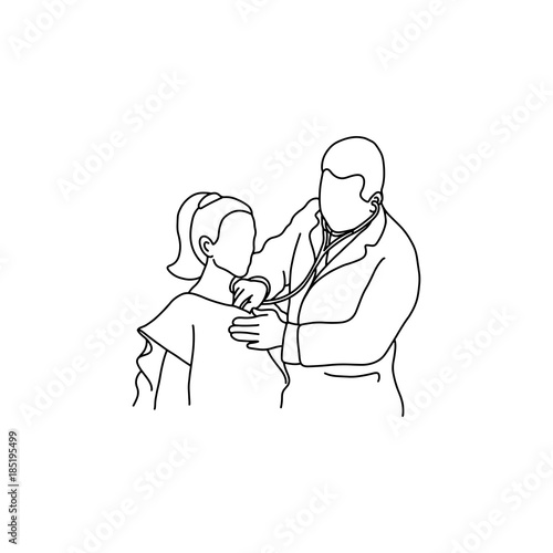 Doctor examining chest of a patient with stethoscope vector illustration outline sketch hand drawn with black lines isolated on white background