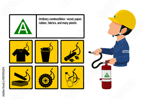 Set of Class A fire icon and  the industrial worker hold the Extinguisher tank . Class A fire is fire uses commonly flammable material as their fuel source
