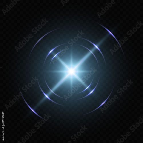 Light flash with lens flare effect of glittering sun or star
