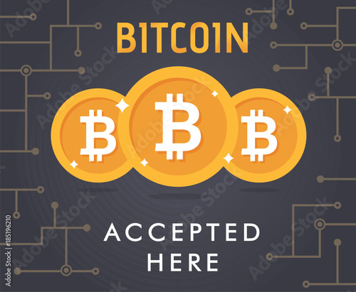 Bitcoin accepted vector. Bitcoin coin and text bitcoin accepted here on black background. Bitcoin payment vector illustration