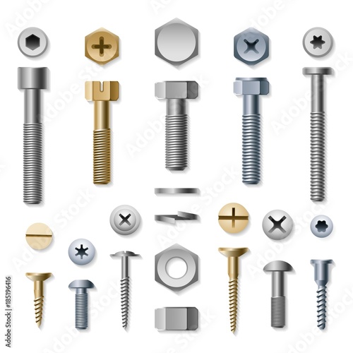 Bolts and screws. Vector screw and bolt, washer and nut hardware side view isolated on white background photo