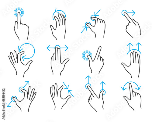 Hand touchscreen gestures. Vector hands actions icons on touch screens like swipe and slide touch