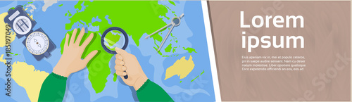 Hand Hold Magnifying Glass Study Maps Top Angle View Of Workplace Geography And Cartography Concept Horizontal Banner Flat Vector Illustration