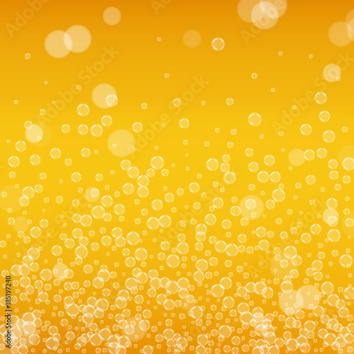 Beer background with realistic bubbles. Cool beverage for restaurant menu design, banners and flyers. Yellow square beer background with white frothy foam. Fresh cup of lager for brewery design.