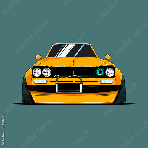 Cartoon japan tuned old car. Front view. Vector illustration