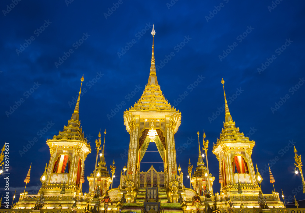Fototapeta premium Exhibition on royal cremation ceremony, Sanam Luang Ceremonial Ground,Bangkok,Thailand on November7,2017: Royal Crematorium for the Royal Cremation of His Majesty King Bhumibol Adulyadej 