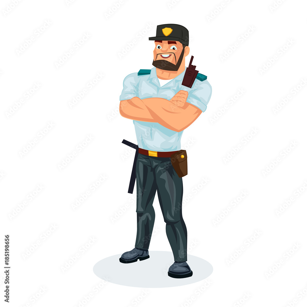 Policeman, in working clothes, with equipment: baton, pistol, handcuffs, walkie-talkie. Policeman, in working clothes, with equipment: baton, pistol, handcuffs, walkie-talkie.