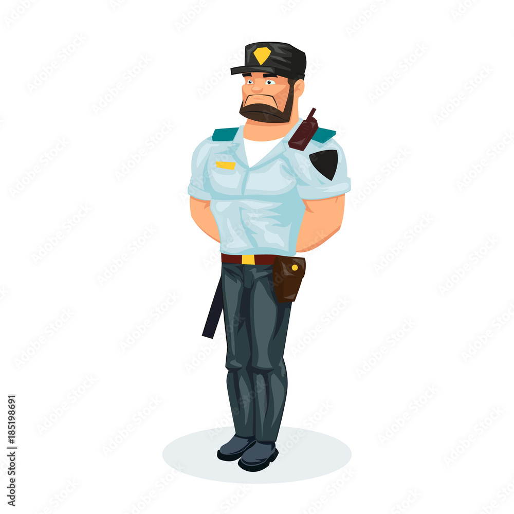 Policeman, in working clothes, with equipment: baton, pistol, handcuffs, walkie-talkie.
