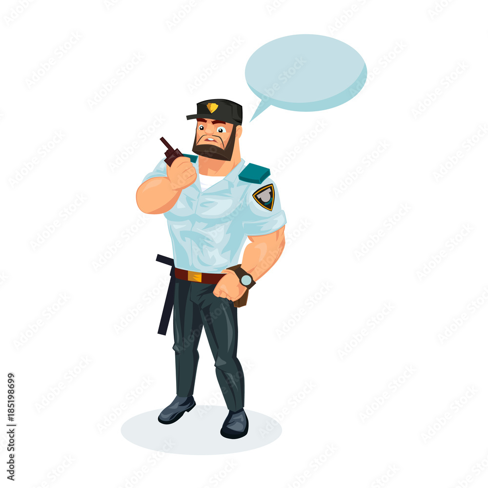 Policeman, with equipment, communicates data by radio, phone, transmits information.