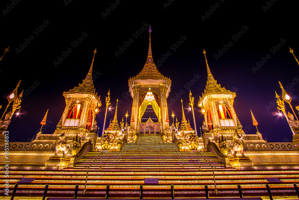 Fototapeta premium Exhibition on royal cremation ceremony, Sanam Luang Ceremonial Ground,Bangkok,Thailand on November7,2017: Royal Crematorium for the Royal Cremation of His Majesty King Bhumibol Adulyadej 