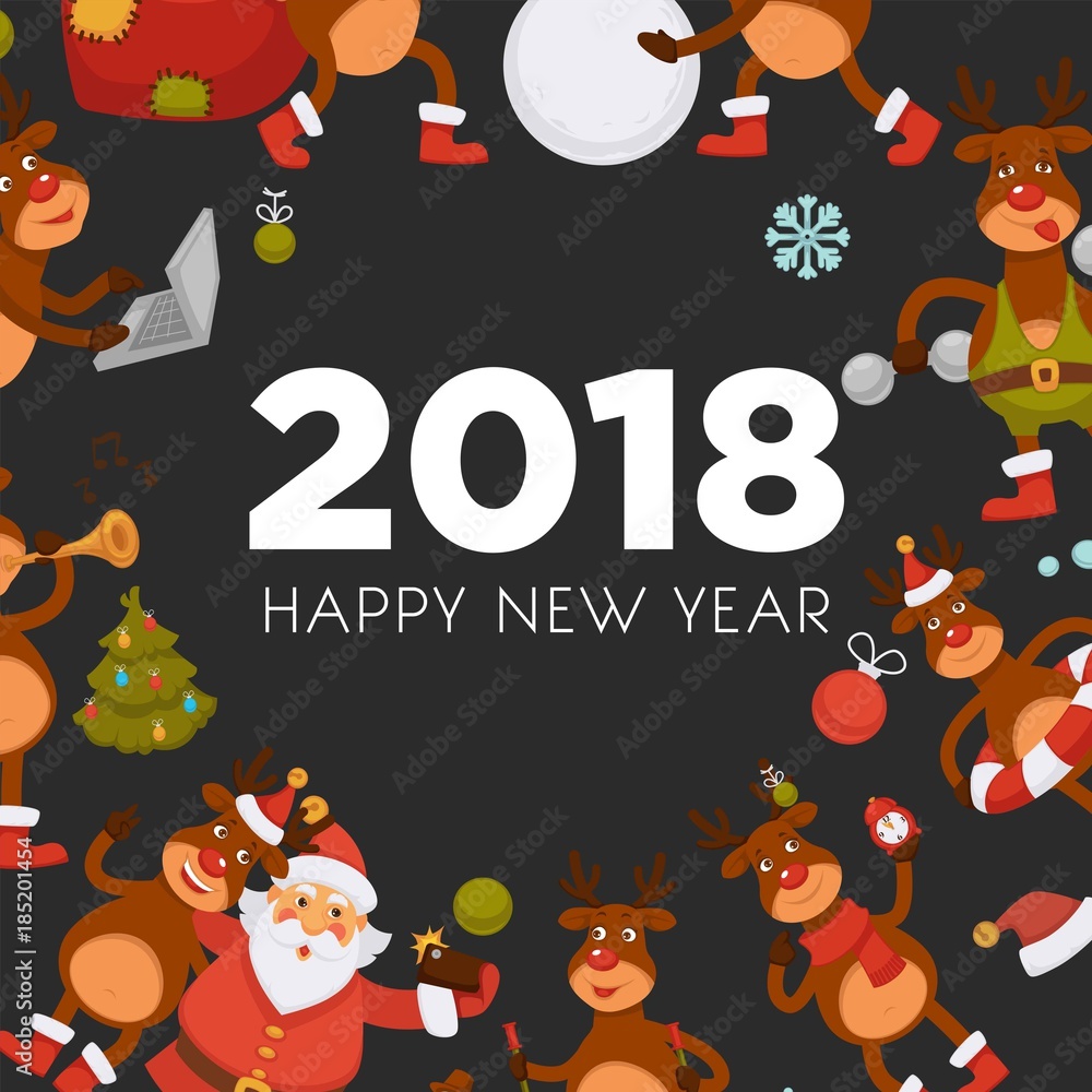 Fototapeta premium 2018 cartoon Santa and deer poster or greeting card design template for Christmas and New Year.