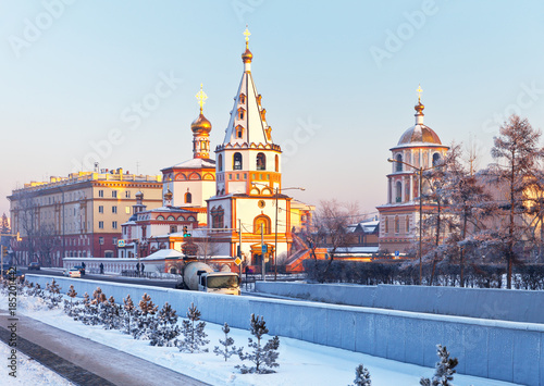 Irkutsk. View of the Cathedral of the Epiphany in a cold winter afternoon. Beautiful winter cityscape