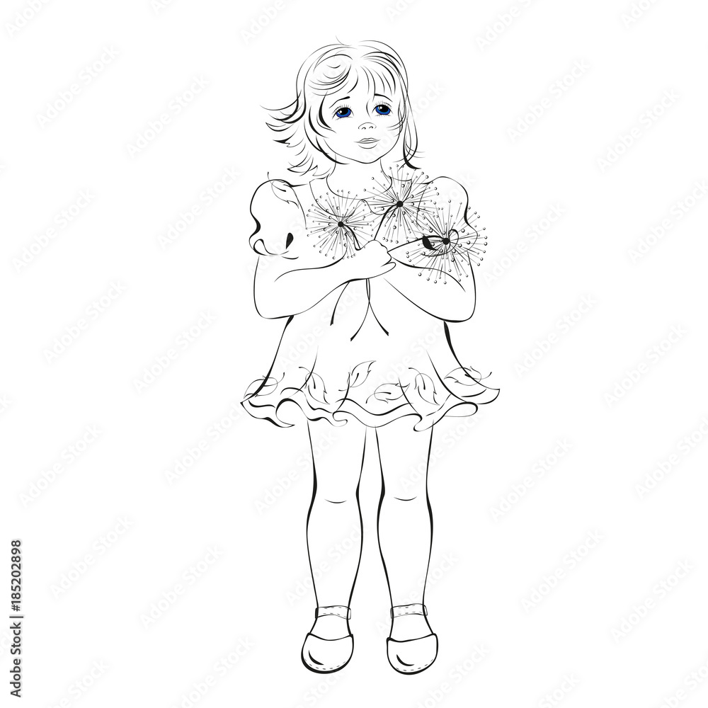 baby 10. little girl is standing with a bouquet of dandelions baby 10. little girl is standing with a bouquet of dandelions