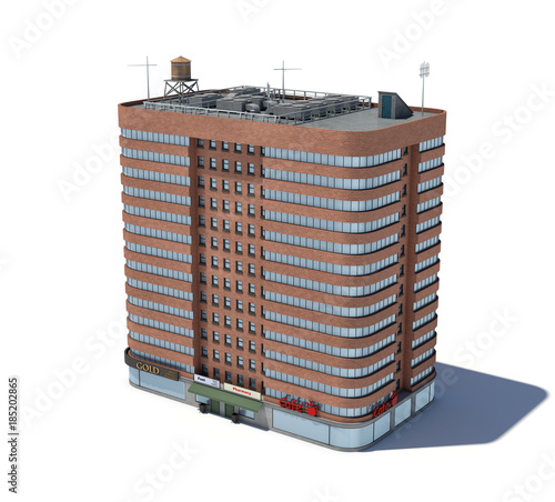 Fototapeta Naklejka Na Ścianę i Meble -  3d rendering of a red brick apartment building with shops on the ground floor.