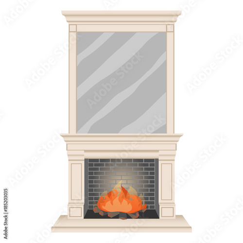 Traditional marble fireplace with mirror. Vector illustration isolated on white background