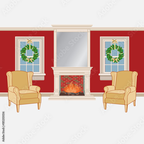 Living room interior with fireplace and chairs. Holyday decorations. Vector illustration on white background.