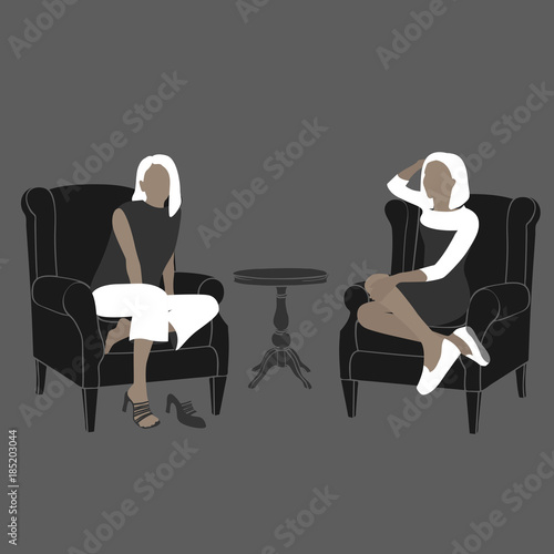Two young woman sitting on the classic chairs, coffee-table. Vector illustration isolated on gray background.