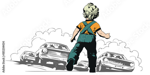 Child is in danger. Kid on road. Stock illustration.