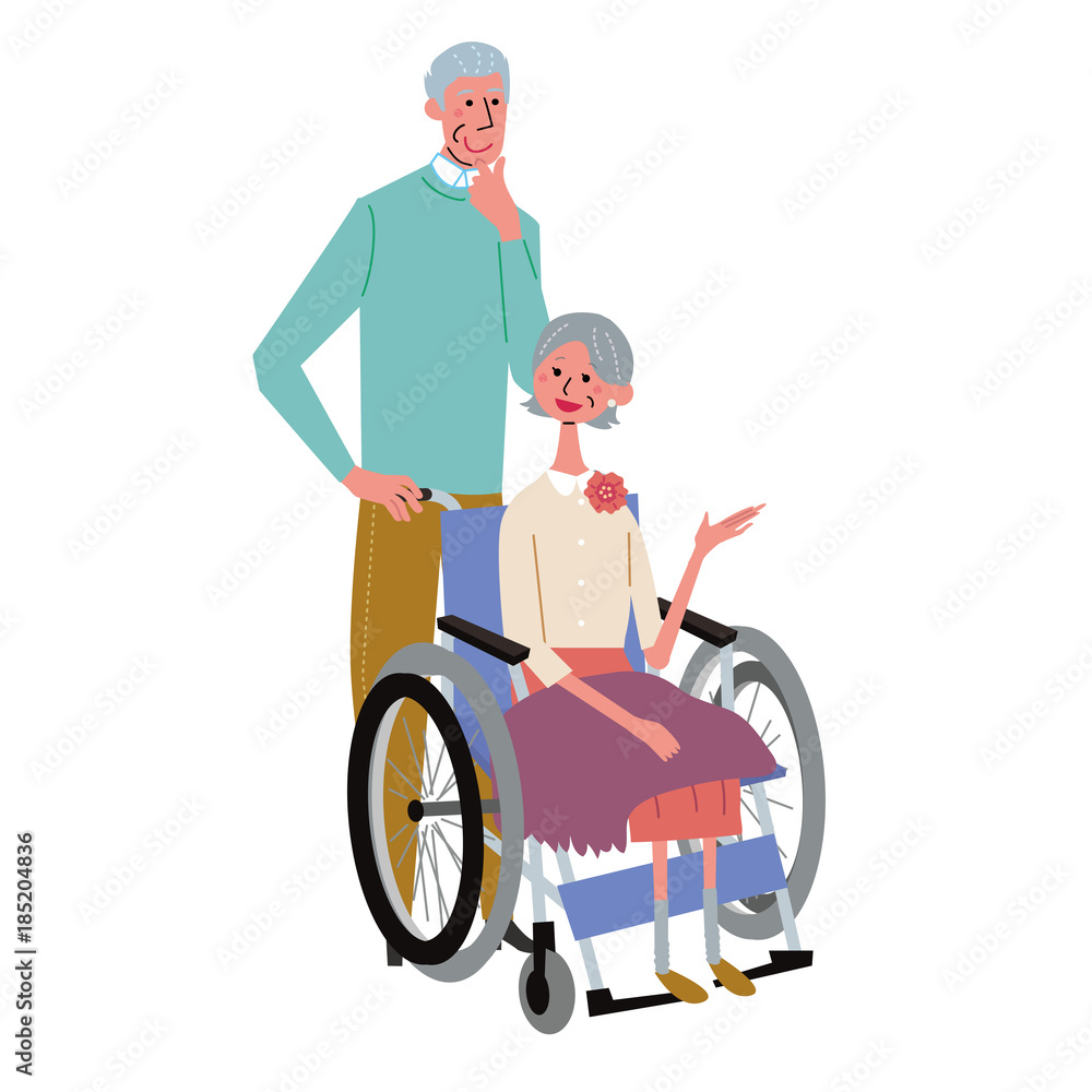 シニア　夫婦　車椅子　イラスト
