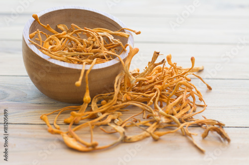 Dried cordyceps militaris on wooden background. chong cao, dong chong cao