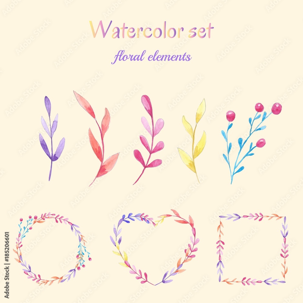 Vector floral set. Colorful floral collection with leaves drawing watercolor.