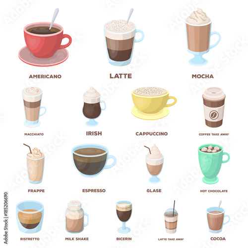 Different kinds of coffee cartoon icons in set collection for design. Coffee drink vector symbol stock web illustration.