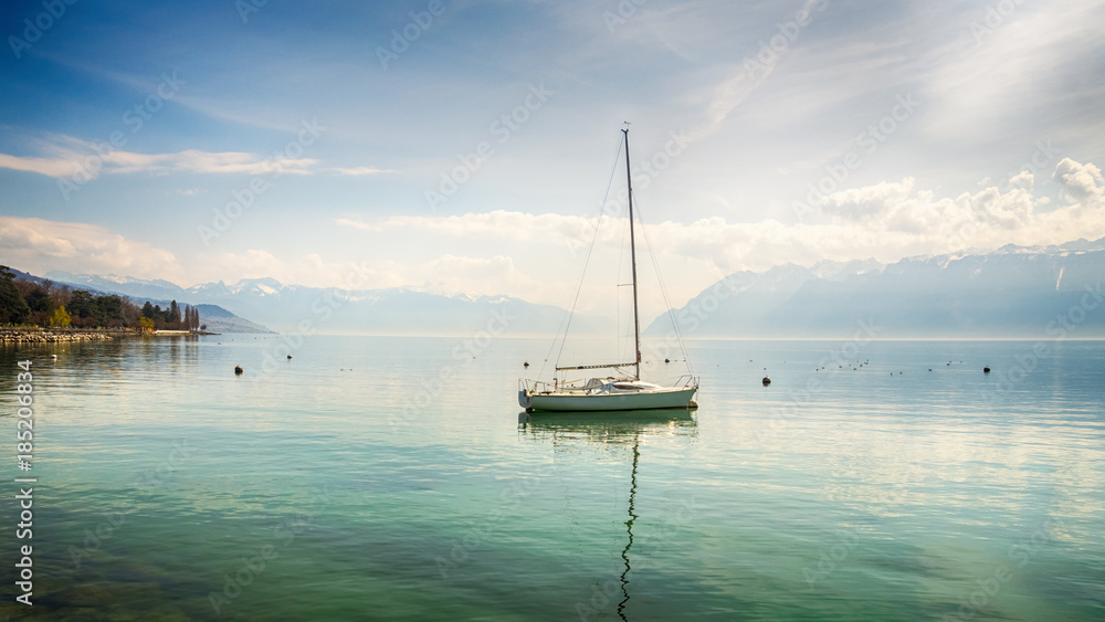 View of Lake Geneva with One Boat, Lausanne, Switzerland,