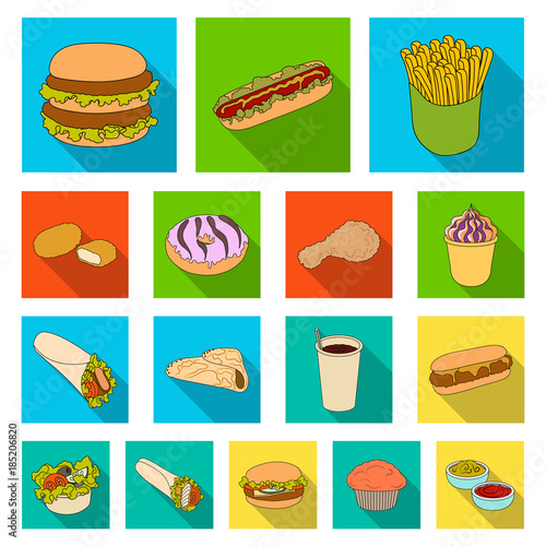 Fast food flat icons in set collection for design.Food from semi-finished products vector symbol stock web illustration.