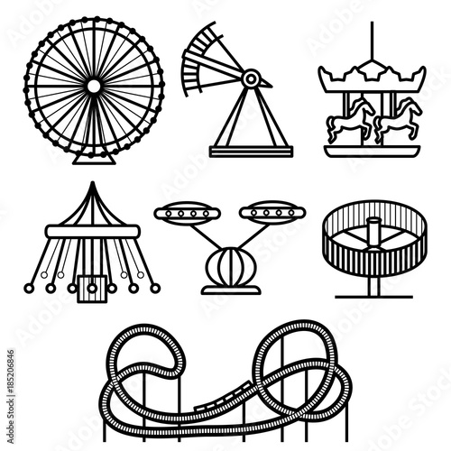 Cartoon Silhouette Black Amusement Park Icon Set. Vector