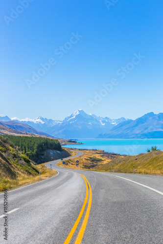 Mount cook viewpoint with the lake pukaki and the road leading to mount cook village in New Zealand. 