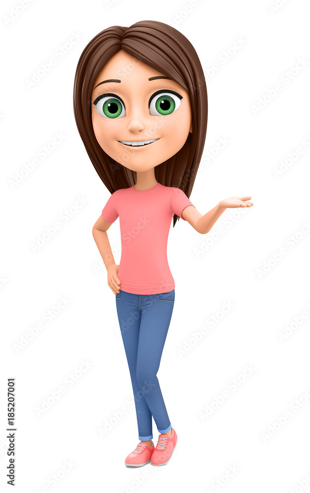Cheerful little girl in jeans hand points to an empty space. 3d rendering. Cheerful little girl in jeans hand points to an empty space. 3d rendering.