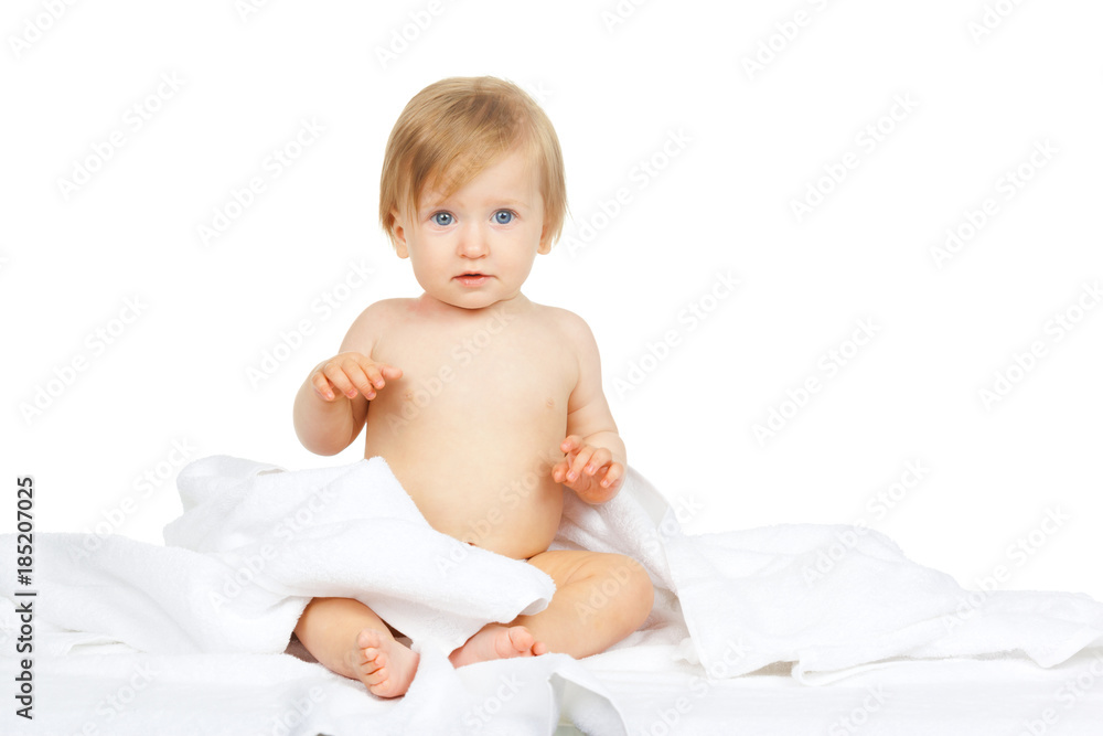 Caucasian baby covered with towel isolated on white background Caucasian baby covered with towel isolated on white background