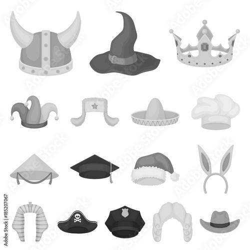 Different kinds of hats monochrome icons in set collection for design.Headdress vector symbol stock web illustration.