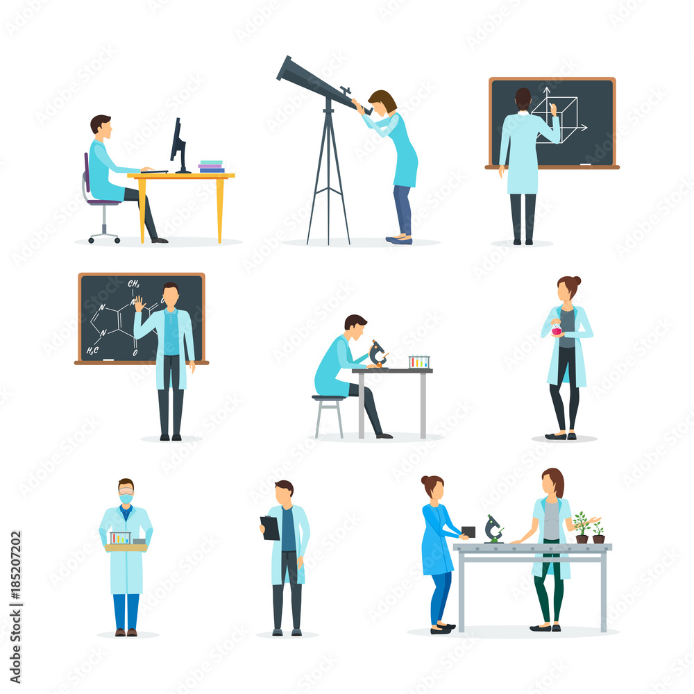 Cartoon Biologists, Chemists and Physicists Set. Vector