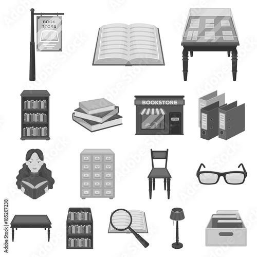 Library and bookstore monochrome icons in set collection for design. Books and furnishings vector symbol stock web illustration.