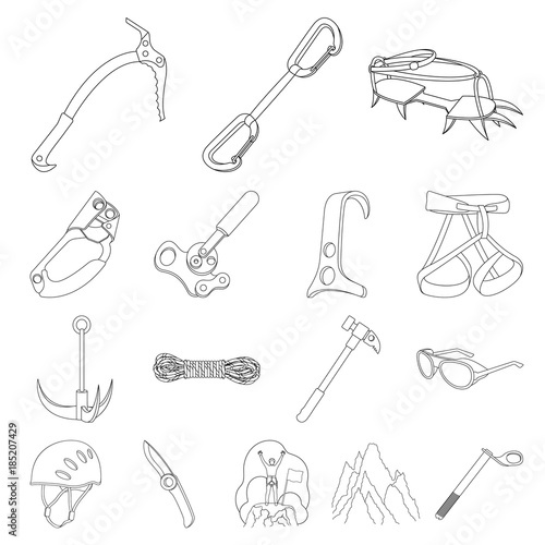 Mountaineering and climbing outline icons in set collection for design. Equipment and accessories vector symbol stock web illustration.