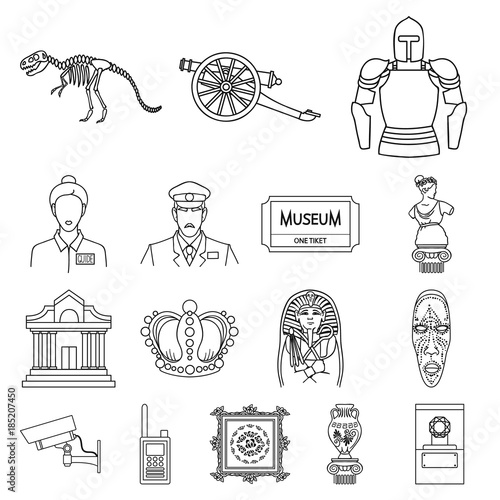 Museum and gallery outline icons in set collection for design. Storage and exhibition of showpiece vector symbol stock web illustration.