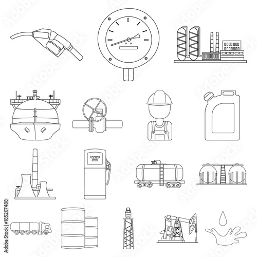 Oil industry outline icons in set collection for design. Equipment and oil production vector symbol stock web illustration.