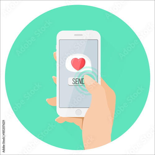 Smartphone mit Hand sendet Herz Nachricht Flat Design Icon