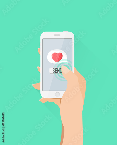 Smartphone mit Hand sendet Herz Nachricht Flat Design