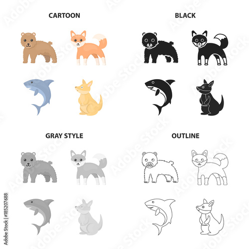 Wild animal bear, ravenous shark, kangaroo, sly fox. Animals set collection icons in cartoon black monochrome outline style vector symbol stock illustration web.