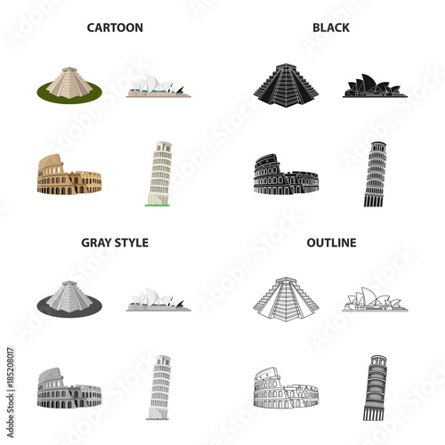 Pyramid in Mexico, the theater in Sydney, the Colosseum in Rome, the Leaning Tower of Pisa. Architecture of different countries set collection icons in cartoon black monochrome outline style vector