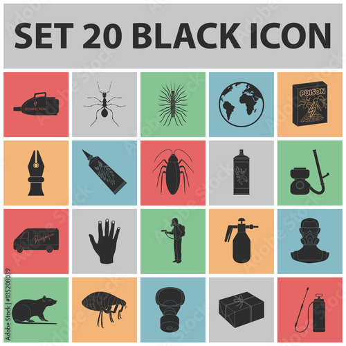 Pest, poison, personnel and equipment black icons in set collection for design. Pest control service vector symbol stock web illustration.