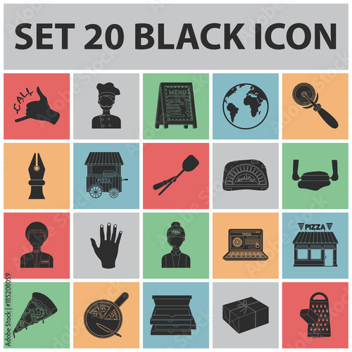Pizza and pizzeria black icons in set collection for design. Staff and equipment vector symbol stock web illustration.