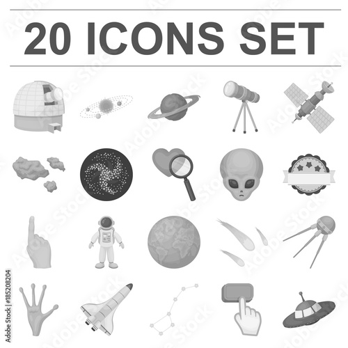Space technology monochrome icons in set collection for design.Spacecraft and equipment vector symbol stock web illustration.