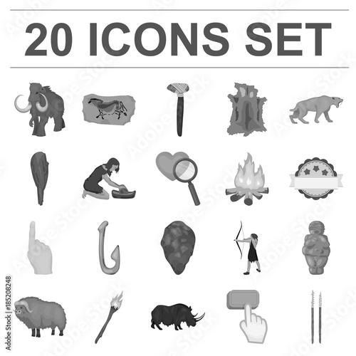 Life in the Stone Age monochrome icons in set collection for design. Ancient people vector symbol stock web illustration.